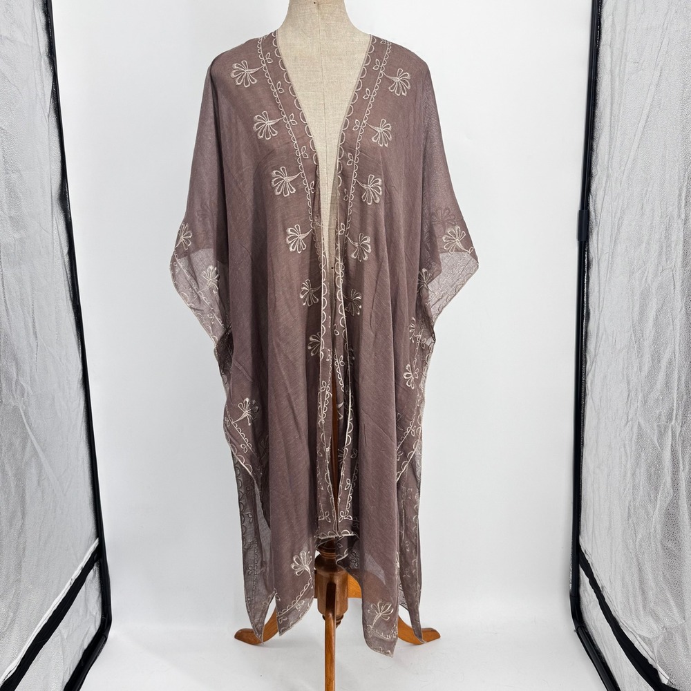 Natural Life Kimono Wrap Womens One Size Brown Floral Embroidered Boho Coverup